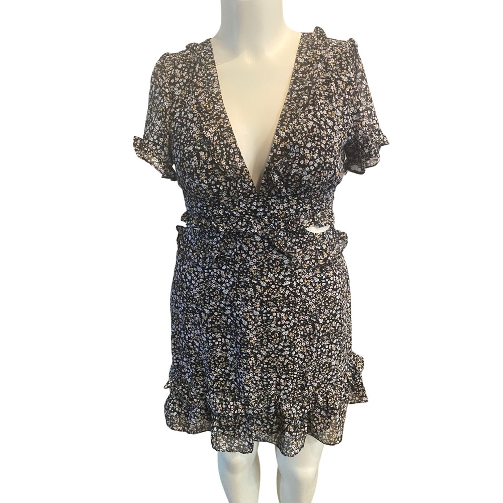 Vine Tree Floral Ruffle Mini Dress Open Back Cut Out Black Ditsy Print NWT